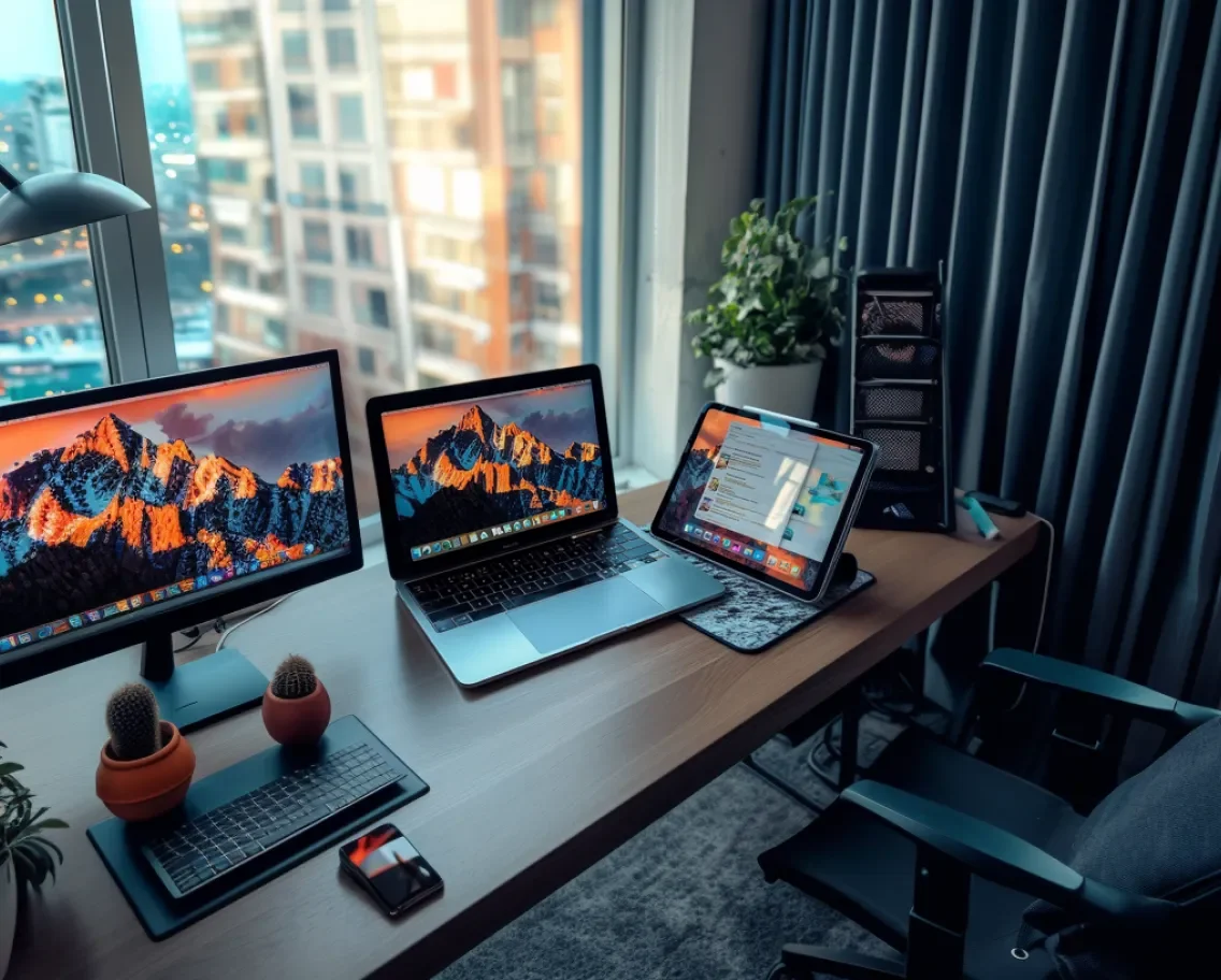 At home workspace with screens and laptop on table