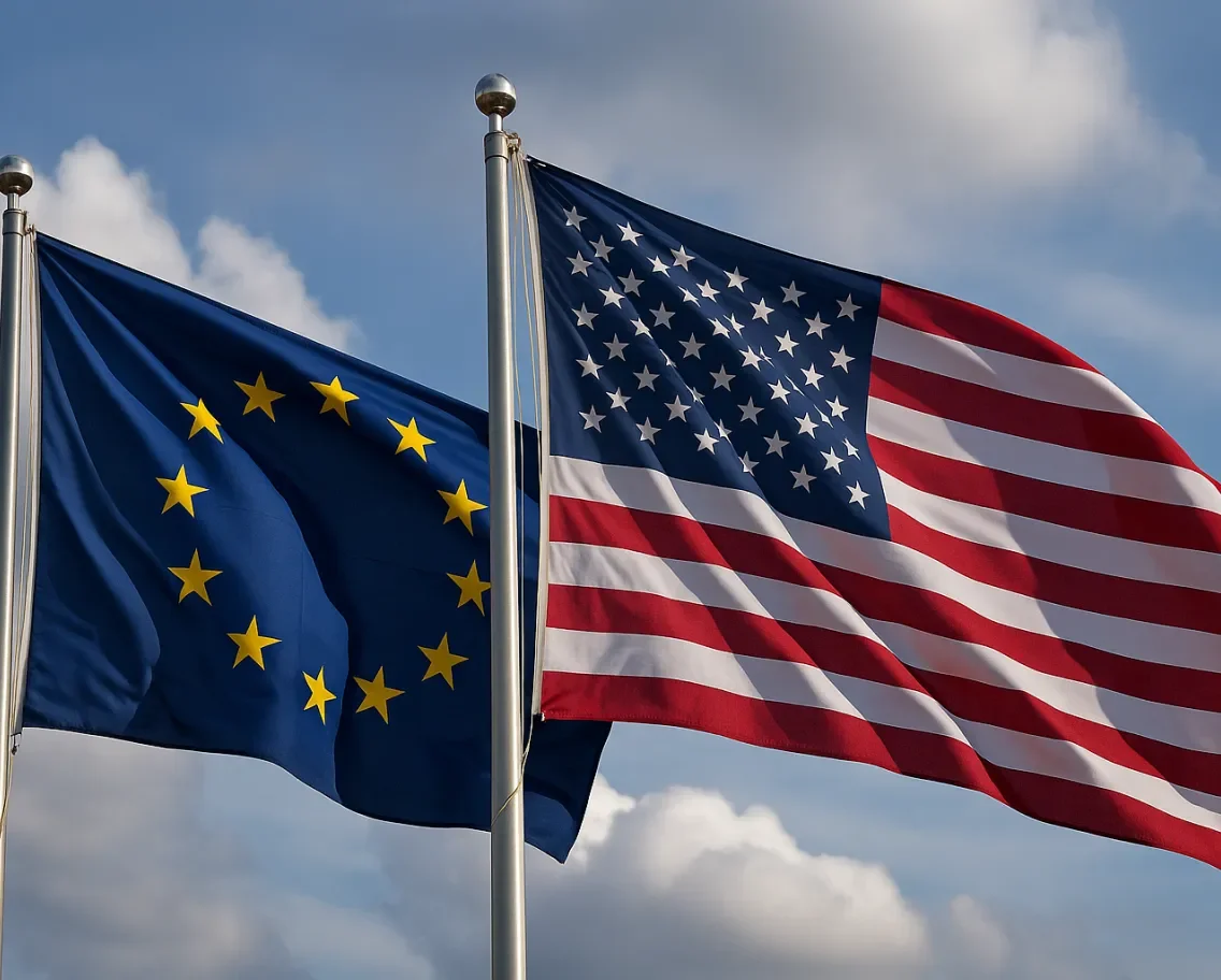 EU and US flags waving in wind