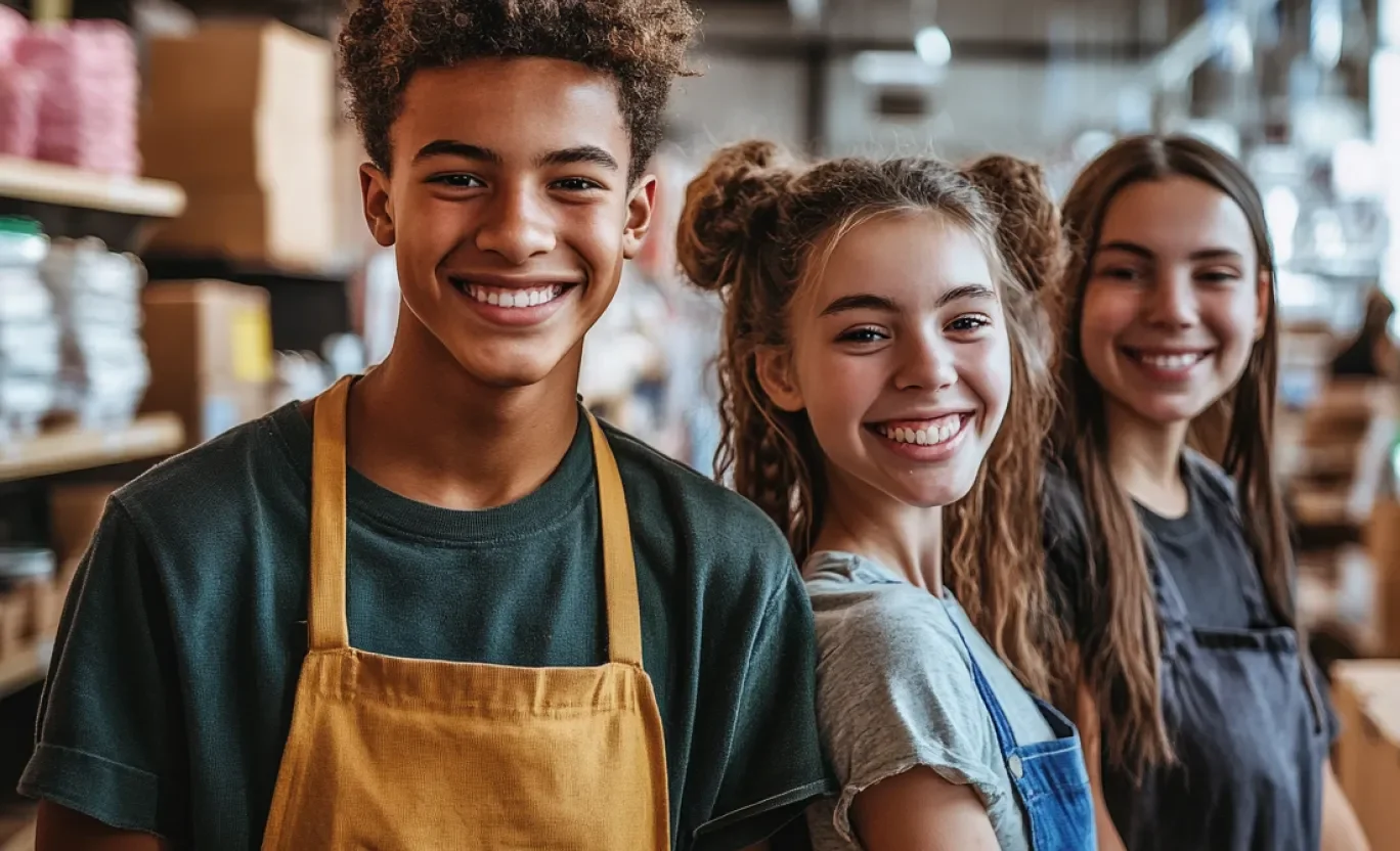 Trīs pusaudži strādā veikalā