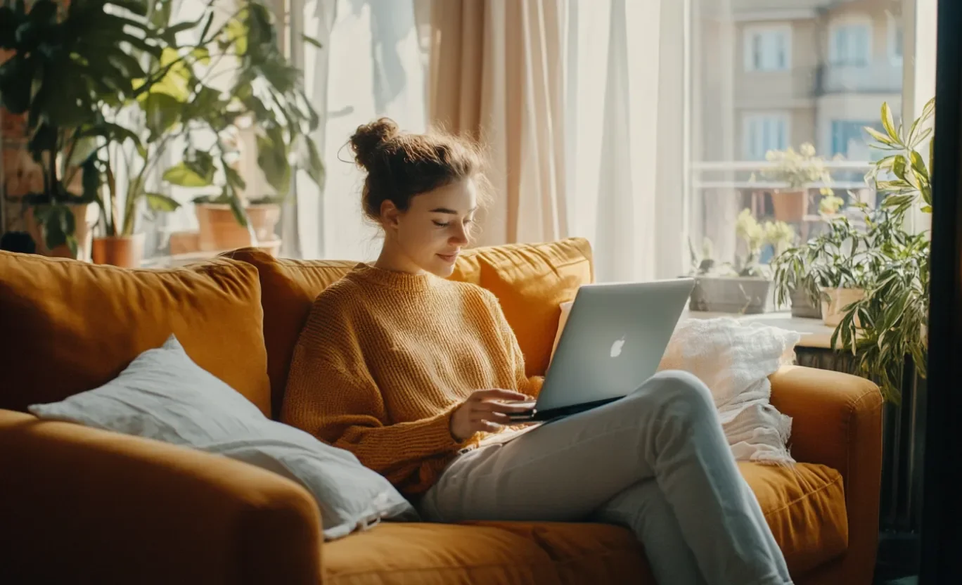 A woman sitting on the couch being on her laptop 