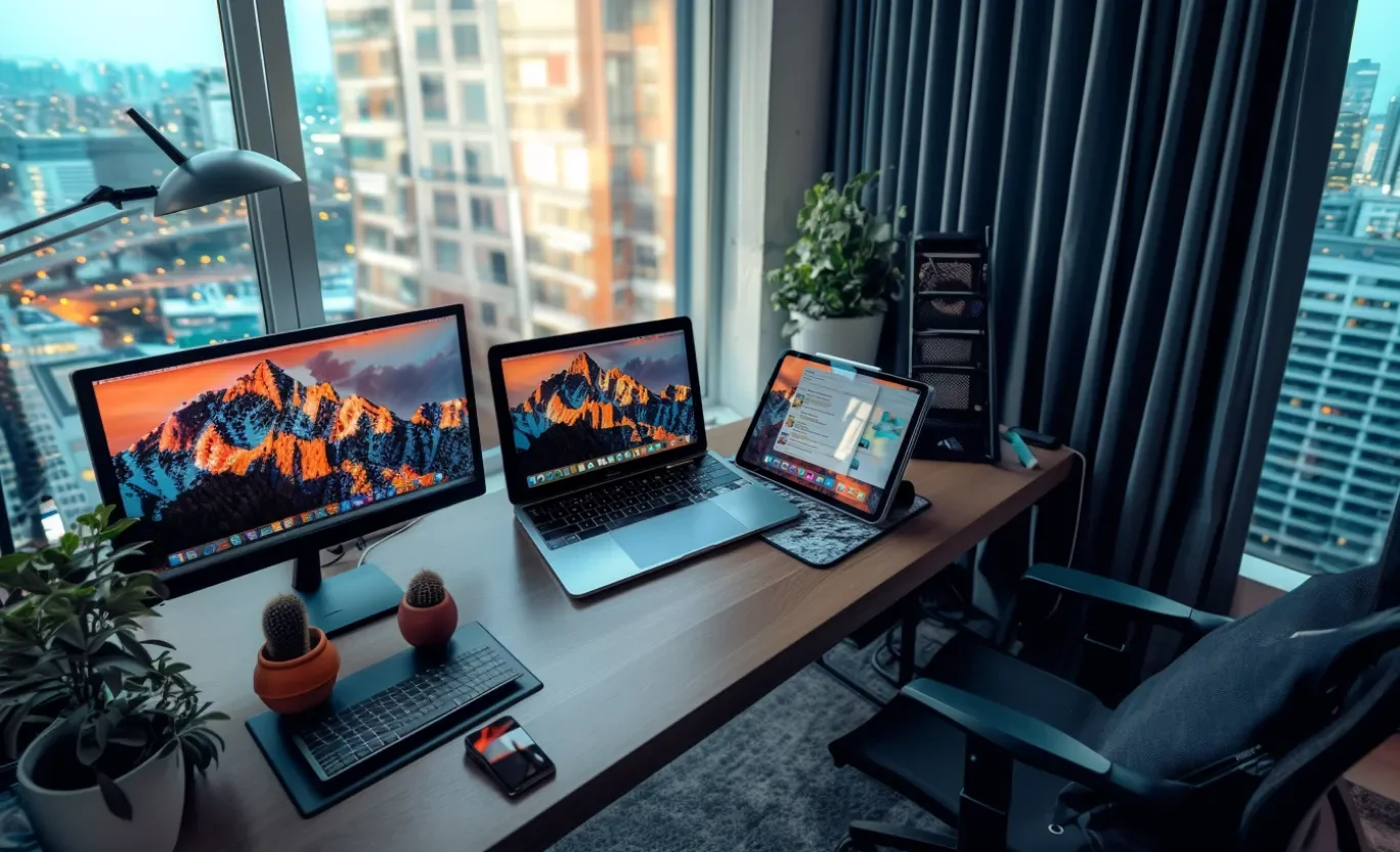 At home workspace with screens and laptop on table 