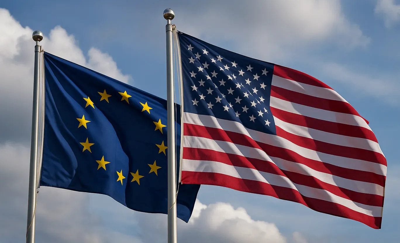 EU and US flags waving in wind 