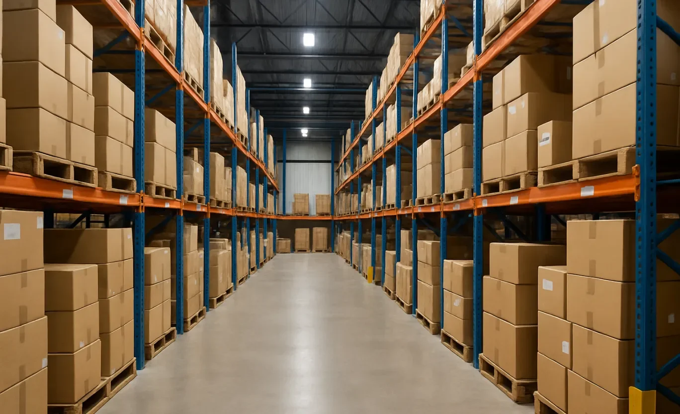 Noliktava no iekšpuses, kastes saliktas pa plauktiem 