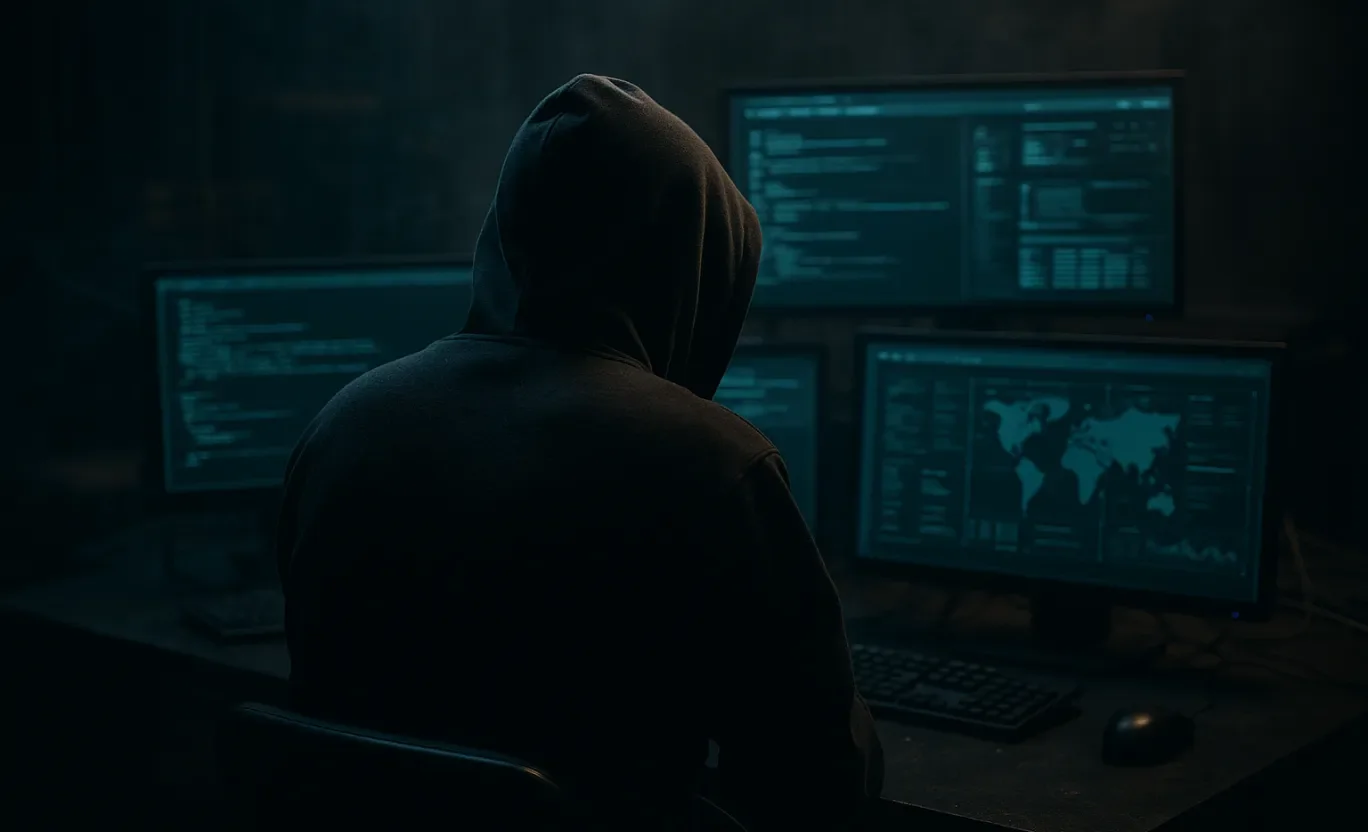 Cilvēks ģērbies hudijā tumšā telpā sēž pie datora 