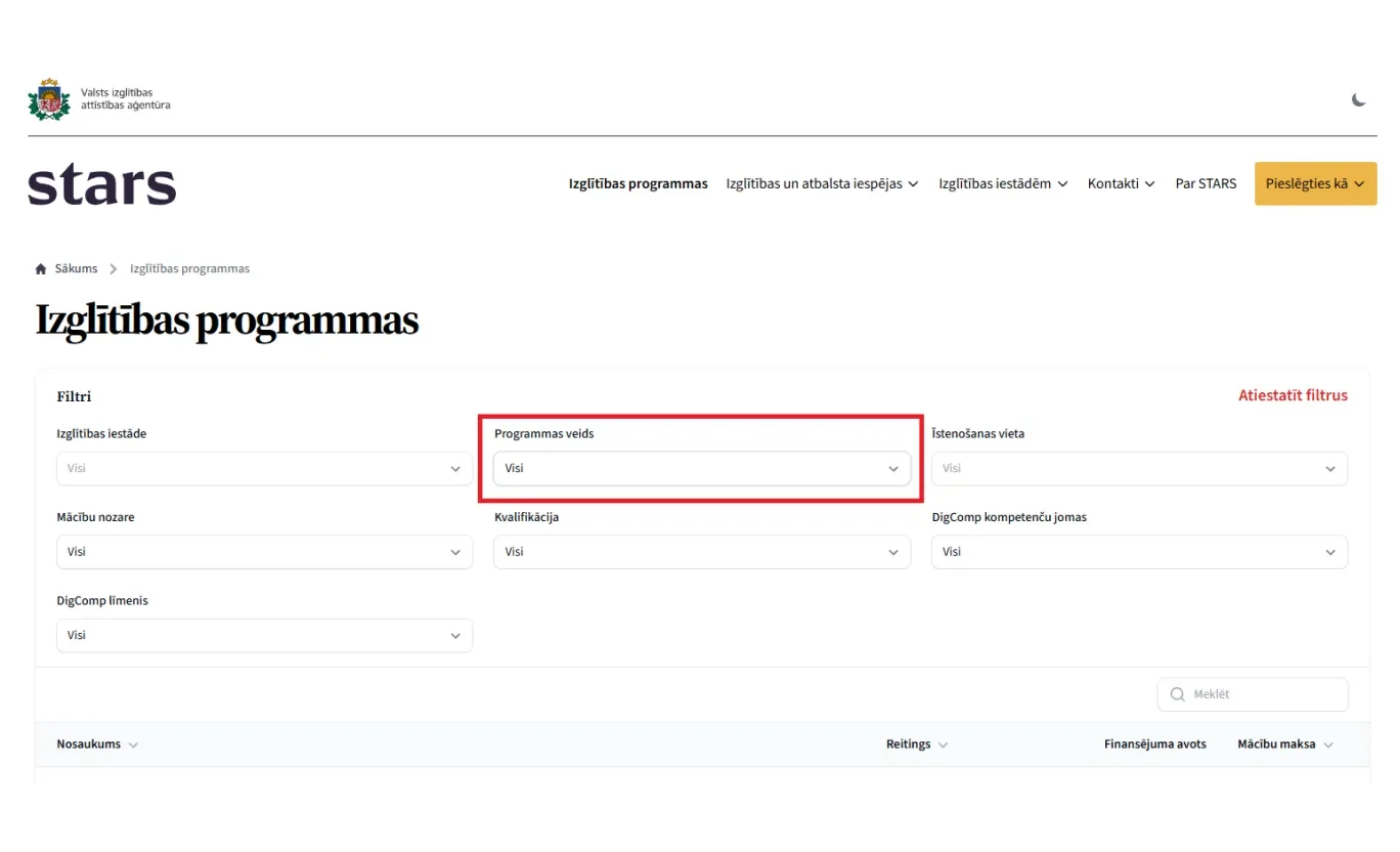 Screenshot from a website showing filtering