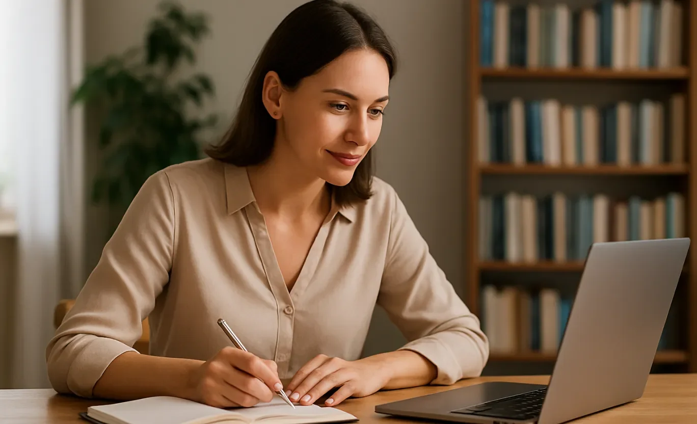 Sieviete raksta piezīmes bloknotā un skatās portatīvajā 